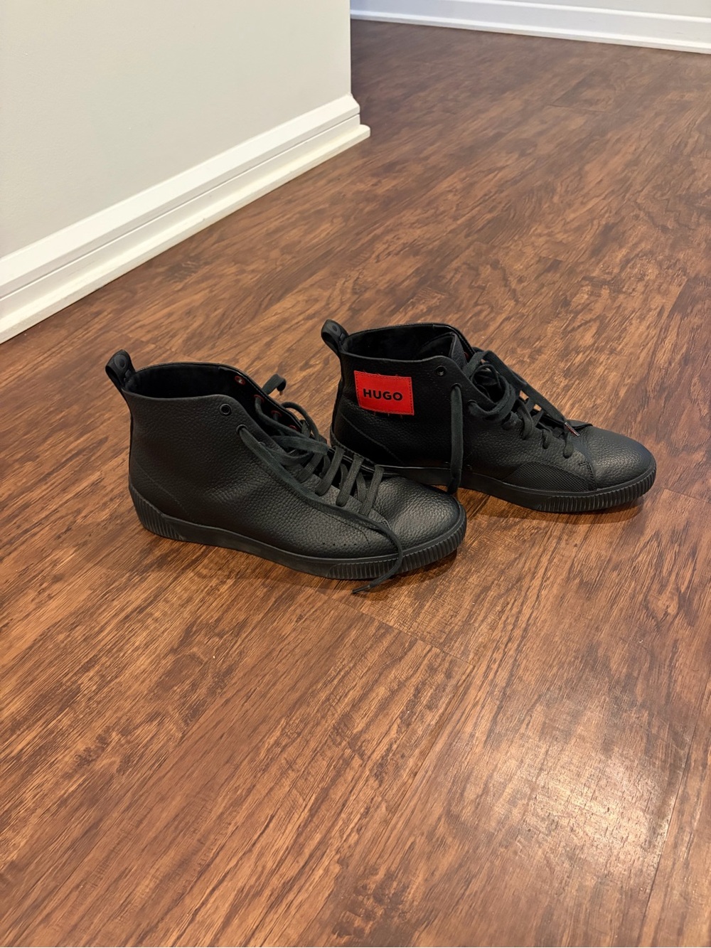 HUGO Black High-Top Leather Sneakers with Red Logo Patch 9.5